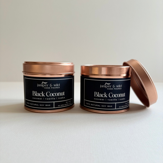 Black Coconut Hand Poured Soy Wax Rose Gold Candle Tin
