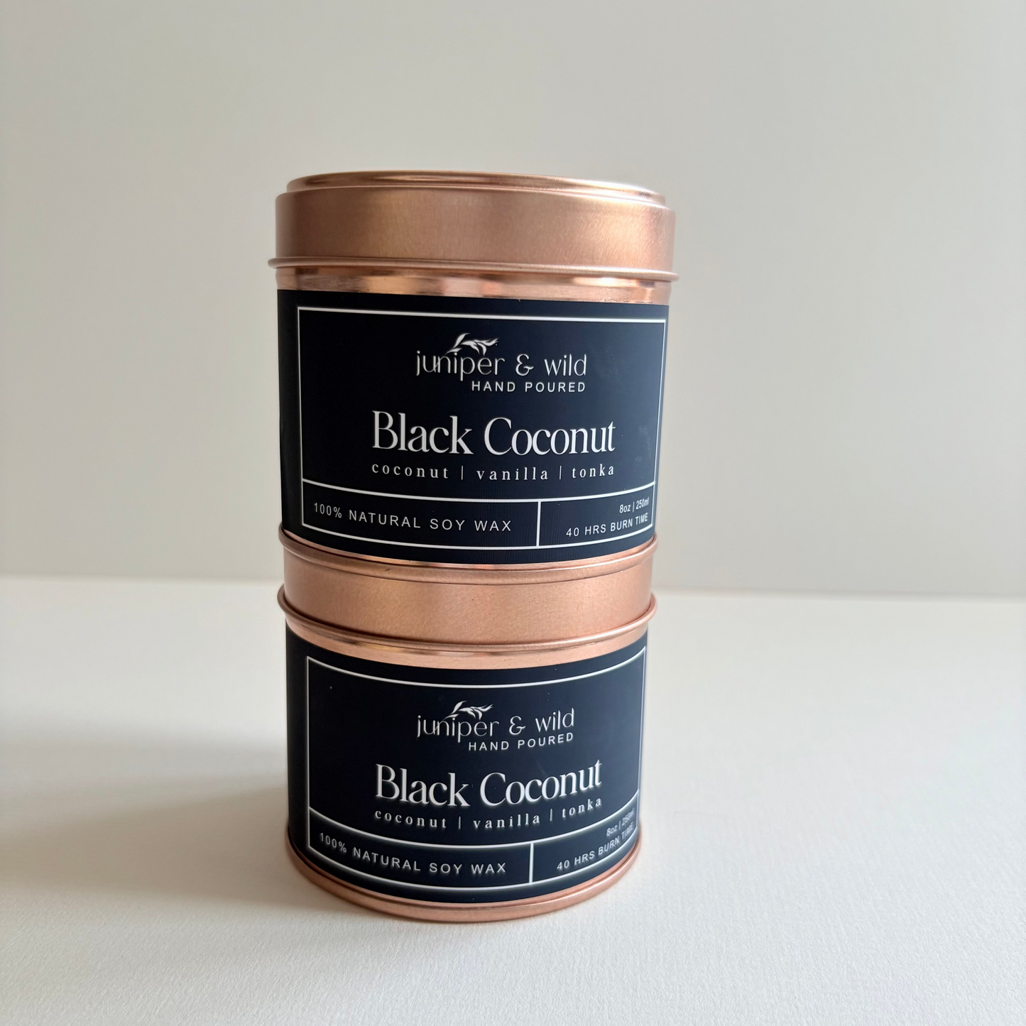 Black Coconut Hand Poured Soy Wax Rose Gold Candle Tin