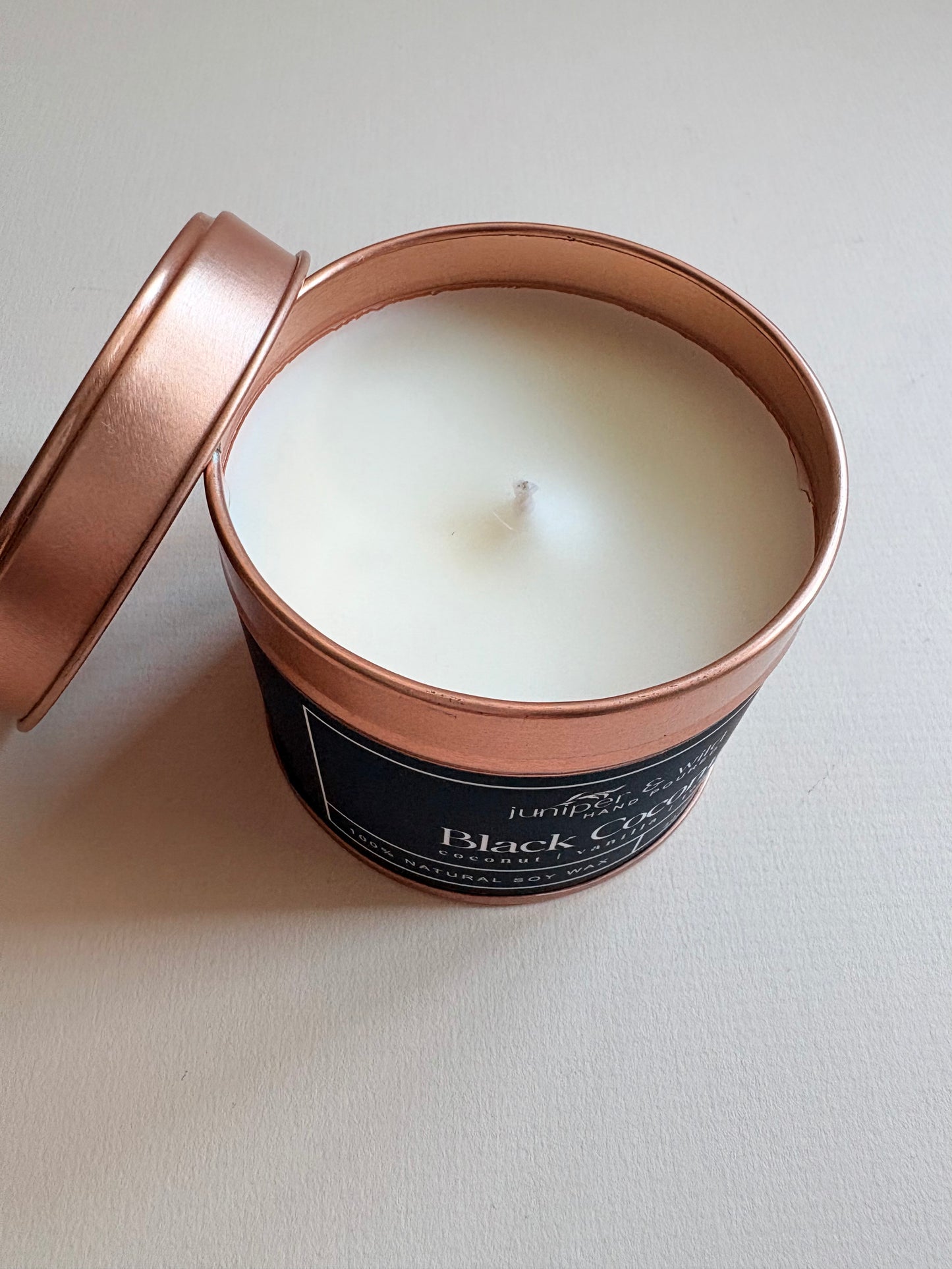 Black Coconut Hand Poured Soy Wax Rose Gold Candle Tin