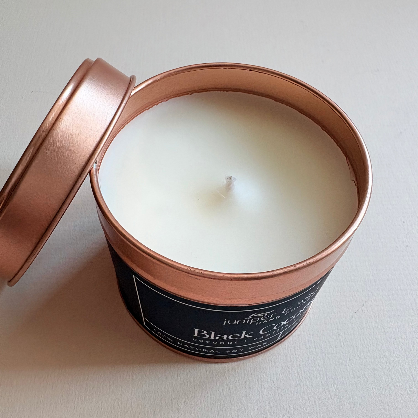 Black Coconut Hand Poured Soy Wax Rose Gold Candle Tin