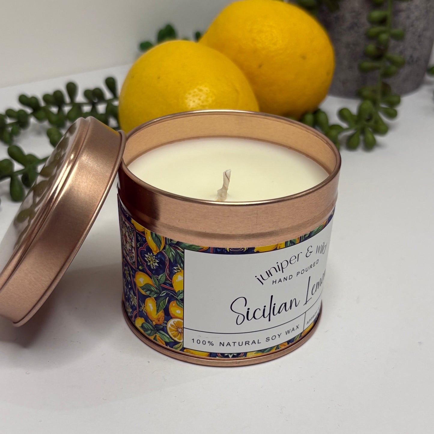 Hand Poured Soy Wax Rose Gold Candle Tin - Sicilian Lemon