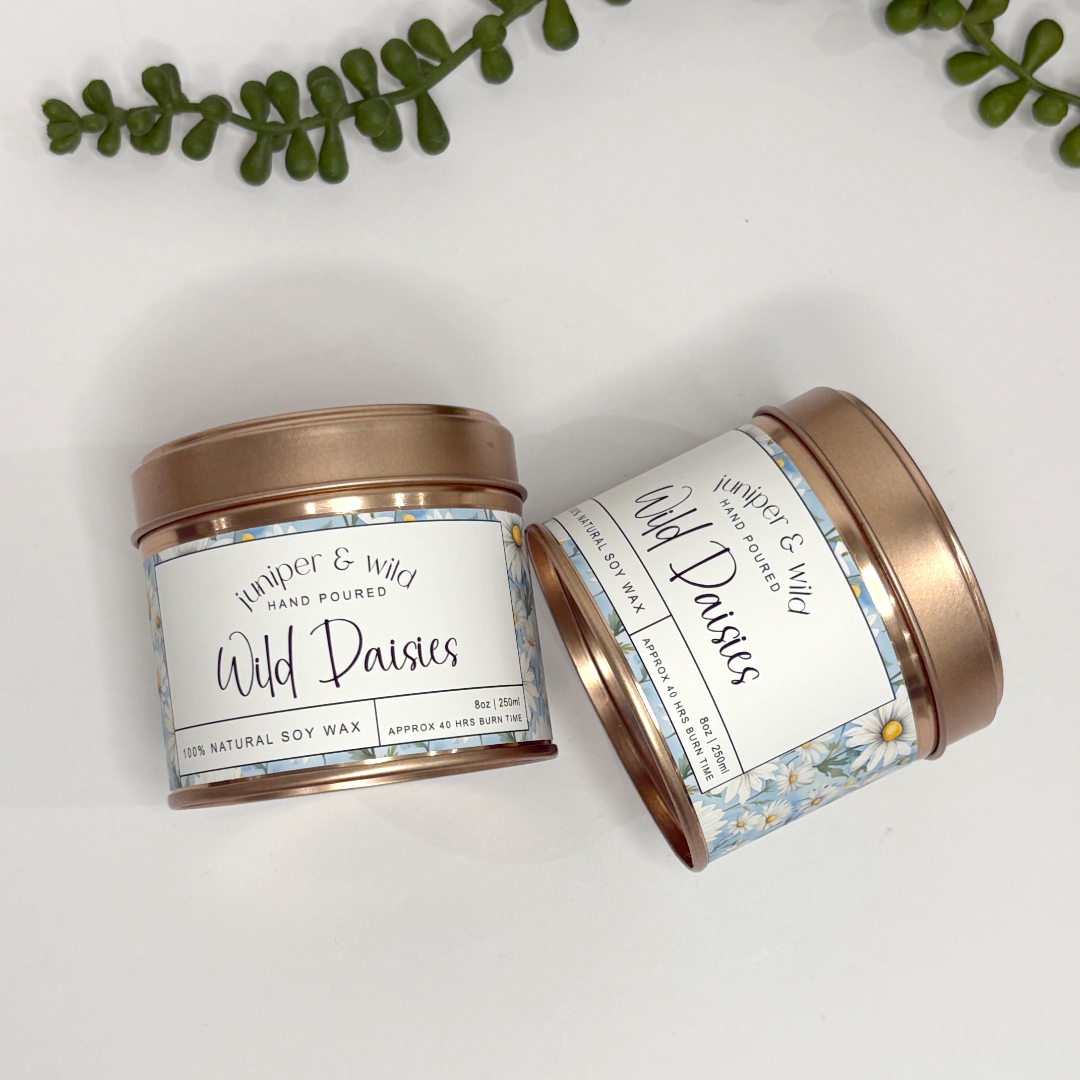 Hand Poured Soy Wax Rose Gold Candle Tin - Wild Daisies