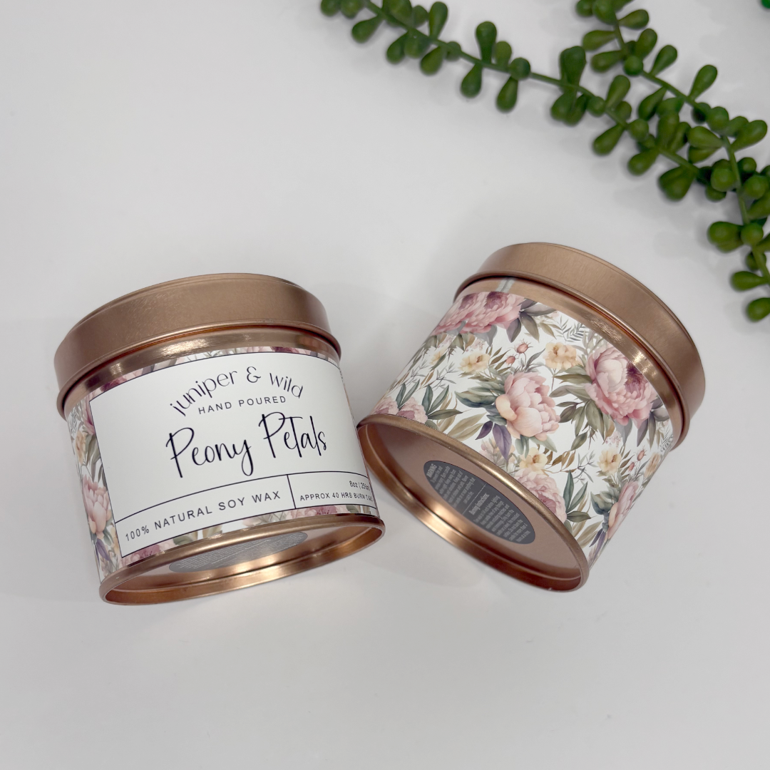 Hand Poured Soy Wax Rose Gold Candle Tin - Peony Petals