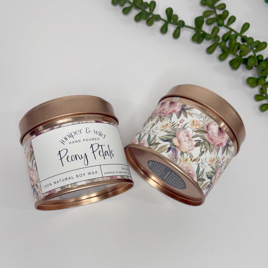 Hand Poured Soy Wax Rose Gold Candle Tin - Peony Petals