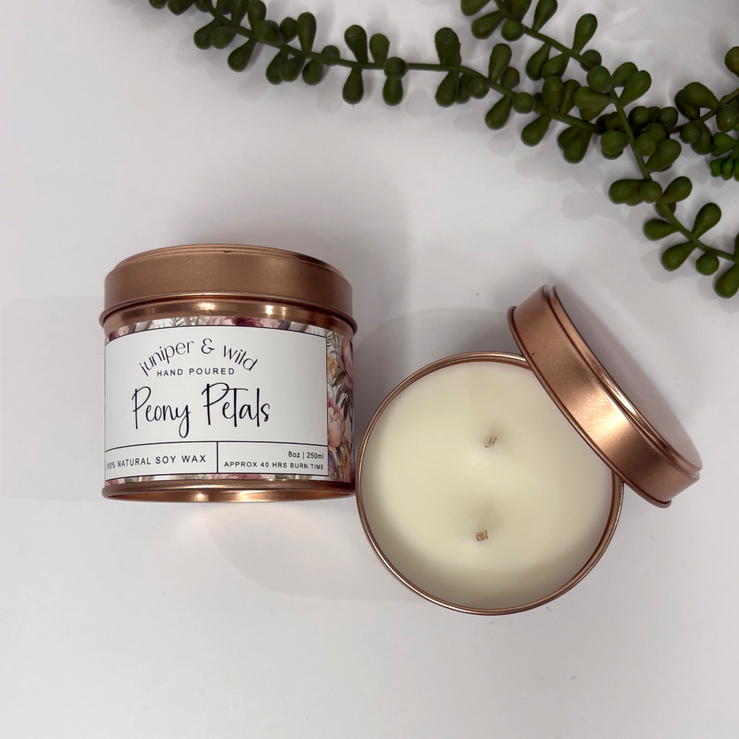 Hand Poured Soy Wax Rose Gold Candle Tin - Peony Petals