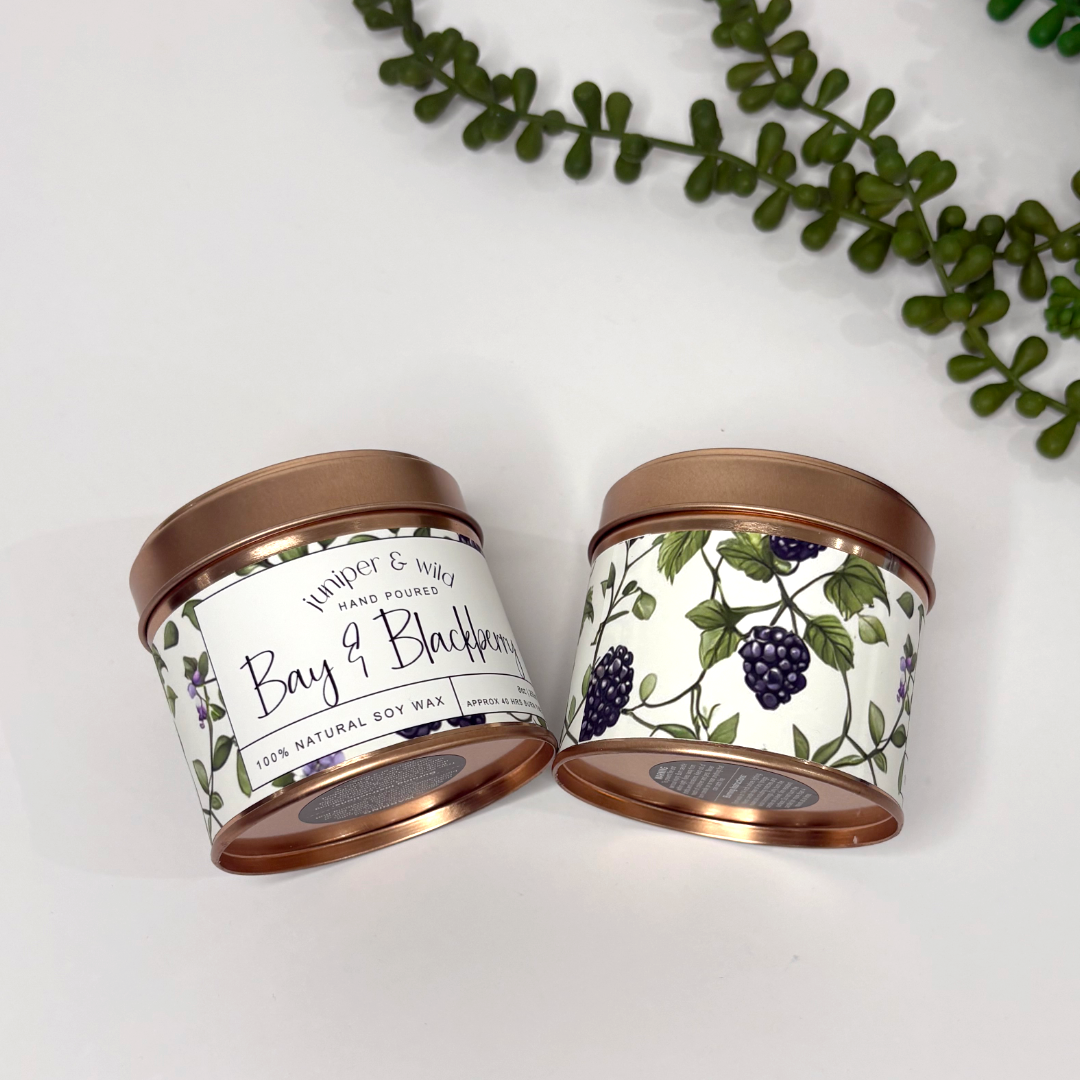 Hand Poured Soy Wax Rose Gold Candle Tin - Bay & Blackberry