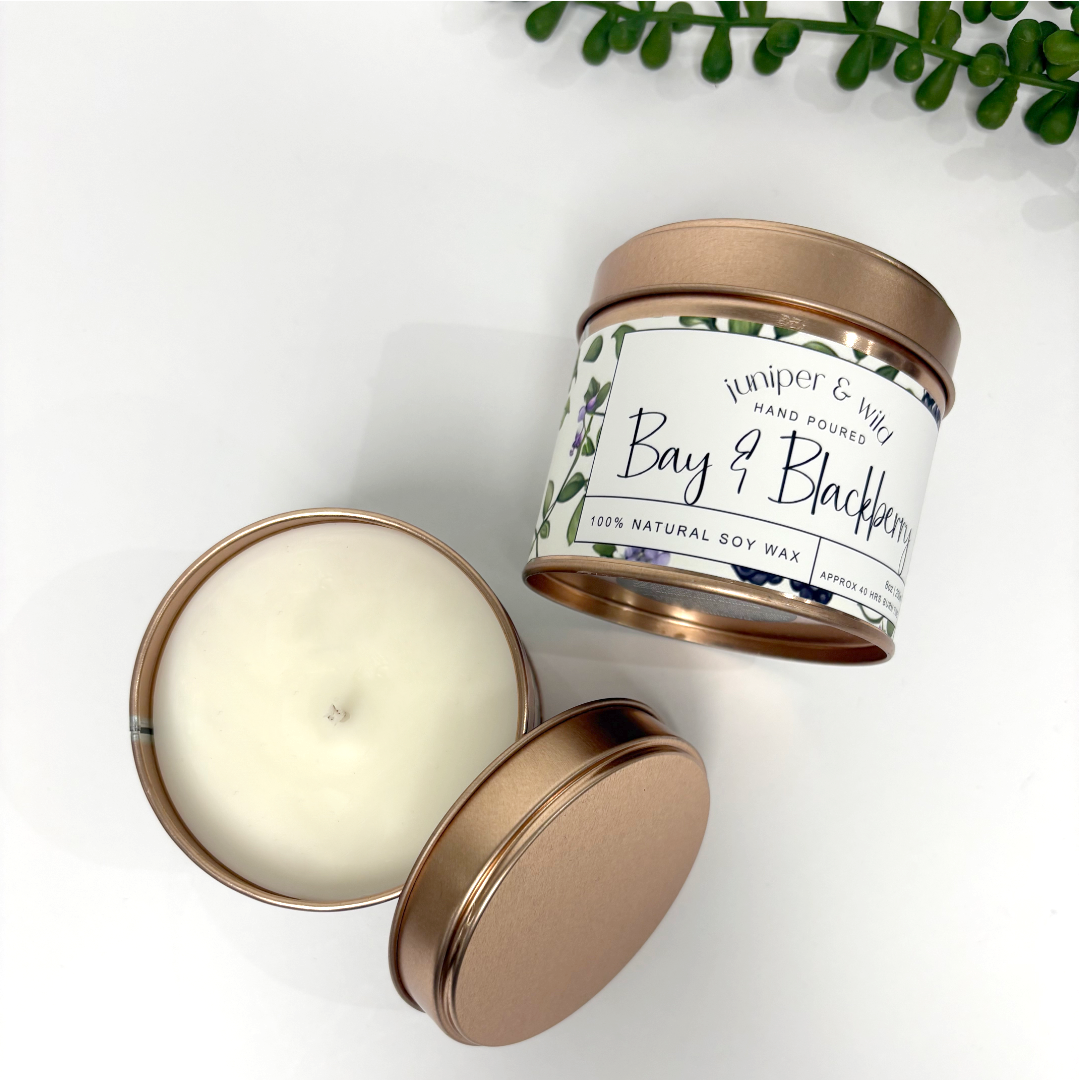 Hand Poured Soy Wax Rose Gold Candle Tin - Bay & Blackberry