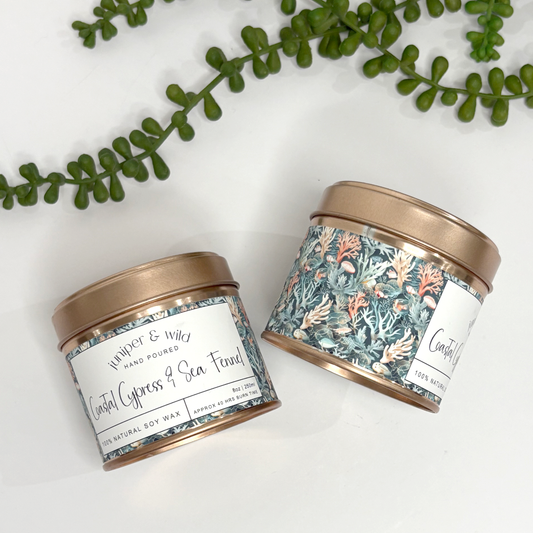 Hand Poured Soy Wax Rose Gold Candle Tin - Coastal Cypress & Sea Fennel