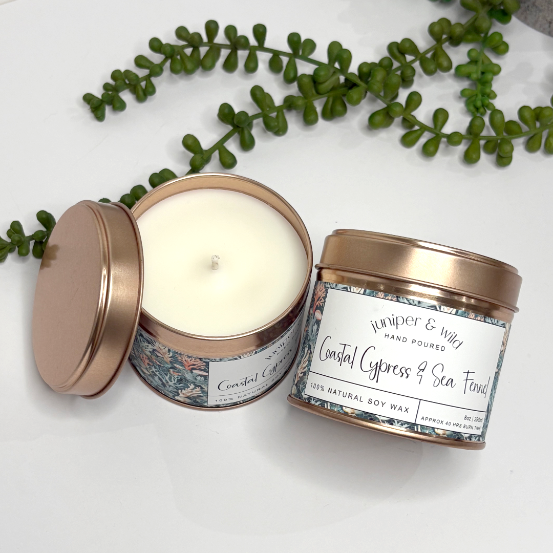 Hand Poured Soy Wax Rose Gold Candle Tin - Coastal Cypress & Sea Fennel