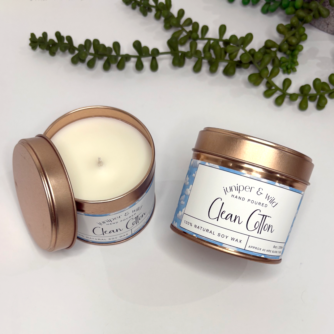 Hand Poured Soy Wax Rose Gold Candle Tin - Clean Cotton