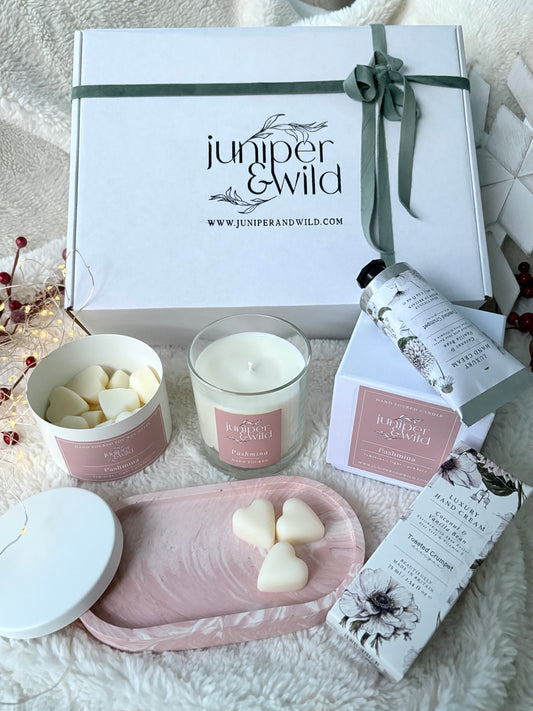 Pashmina - Candle Lover Gift Box | Hand Poured Soy Wax Candle, Jesmonite Tray, Wax Melts & Hand Cream