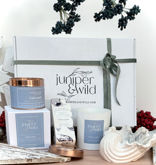 Candle Lover Gift Box – Saltwinds Coastal Scent with Stoneware Dish & Hand Cream | Hand Poured Soy Wax Candle | Vegan