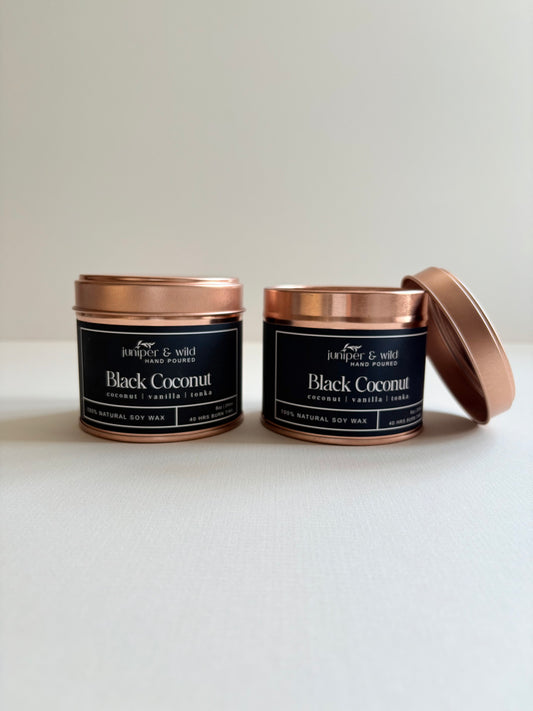 Black Coconut Hand Poured Soy Wax Rose Gold Candle Tin