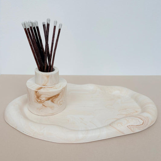 Jesmonite Beige Marble effect tray and matching match pot holder

