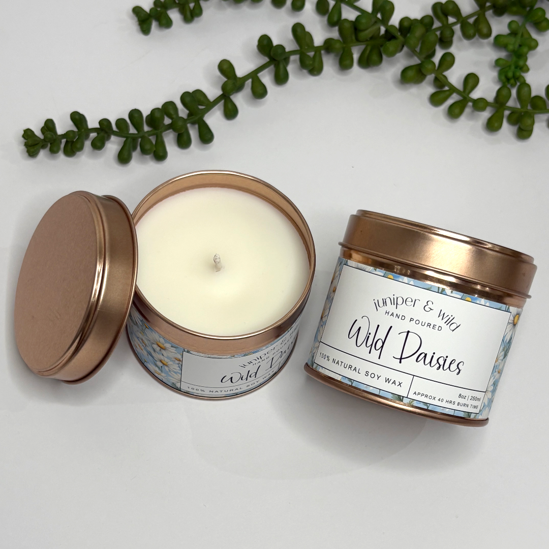 Hand Poured Soy Wax Rose Gold Candle Tin - Wild Daisies